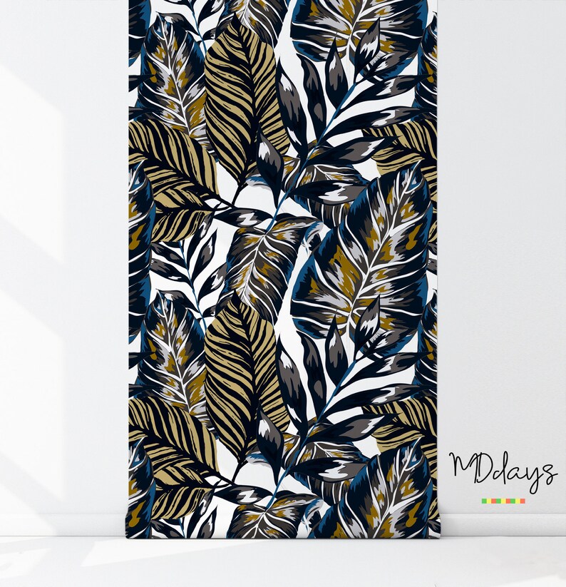 Dark Gold & Blue Palms removable wallpaper wallpaper Etsy