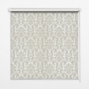 May include: White roller shade with a beige damask pattern.