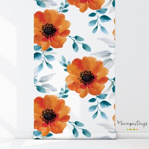 Watercolor Floral Wallpaper Orange Flowers Wall Mural Soft - Etsy