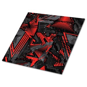 May include: Abstract geometric pattern with red and gray shapes on a black background. The pattern is made up of triangles, lines, and dots.