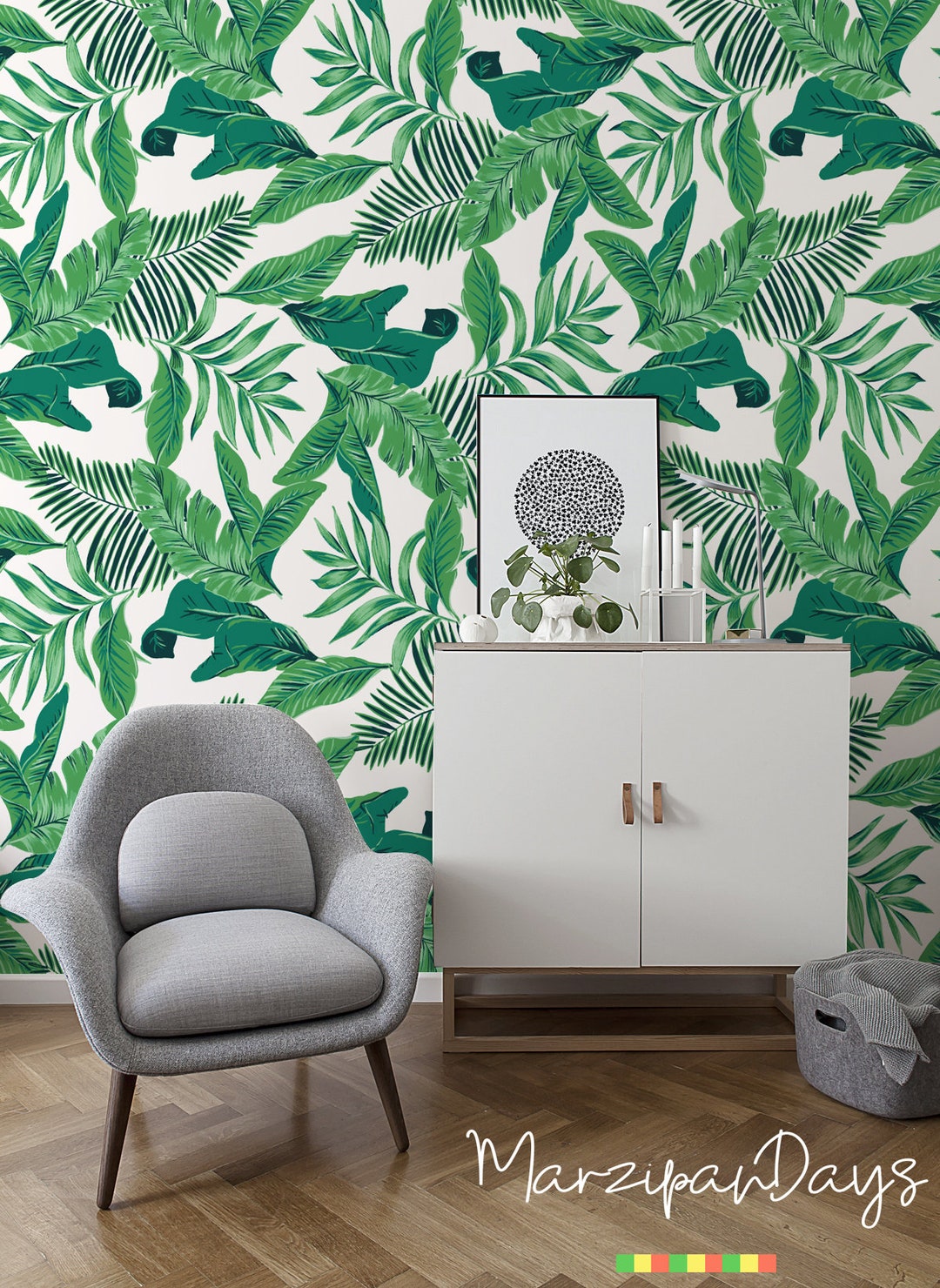 Buy Tropical Green Leaves Removable Wallpaper, Tropical Wallpaper, Wall