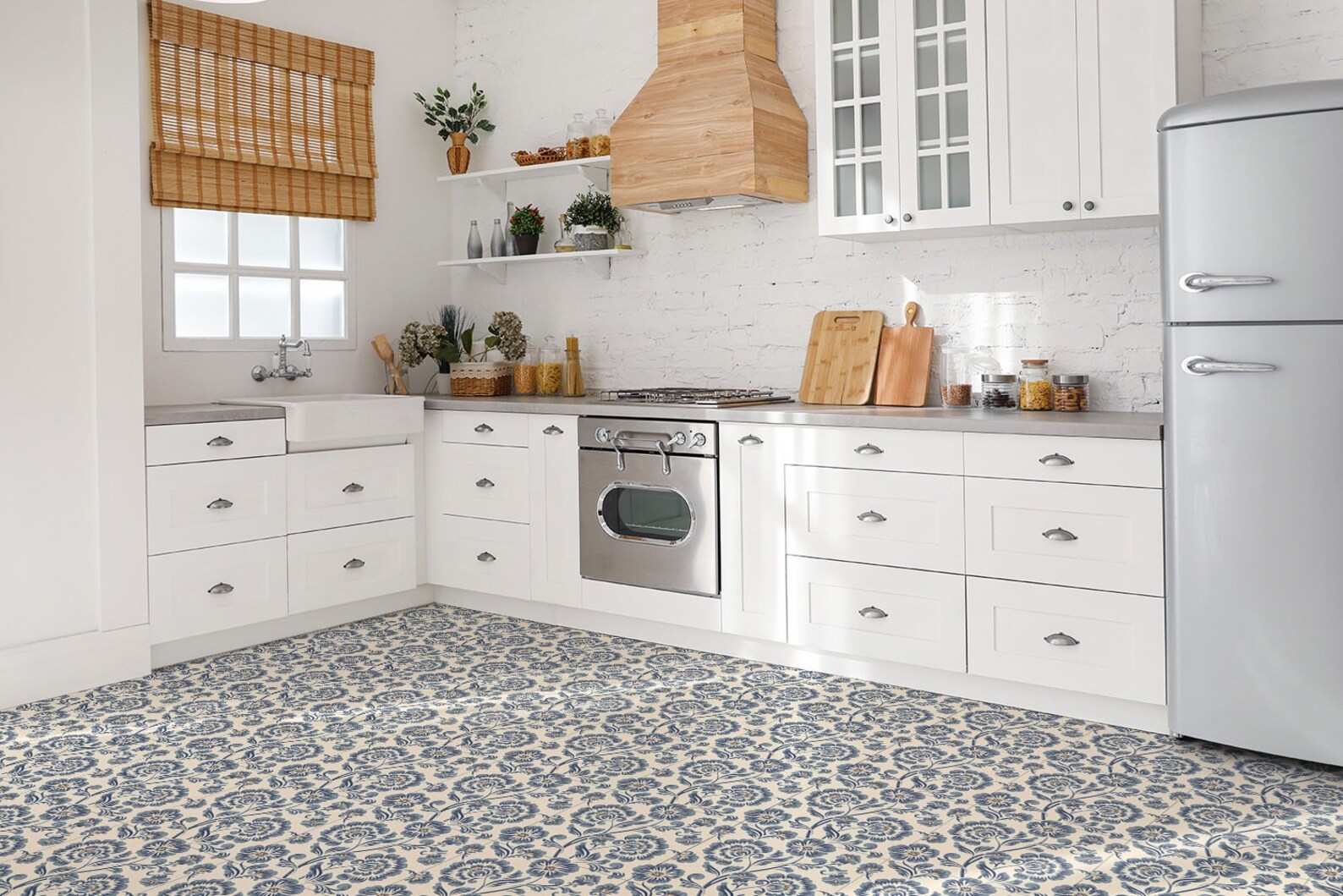Classic Floral Pattern Vinyl Floor Tiles, Blue Vinyl Wall Panels, Beige ...