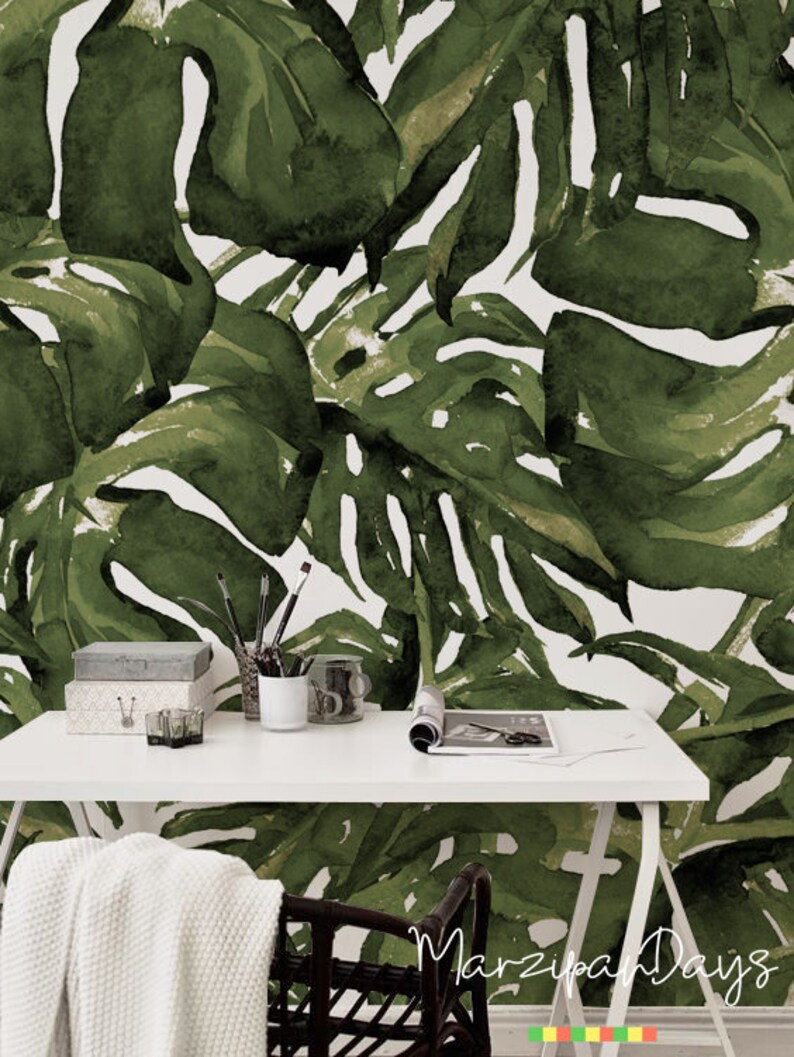 Monstera Wallpaper Monstera Leaf Wall Mural Removable Etsy