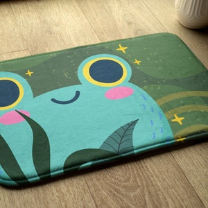 Kids Pattern, Green, Happy Frog, Small Mat, Modern Bathroom Rug, Soft Carpet, Bath Runner
