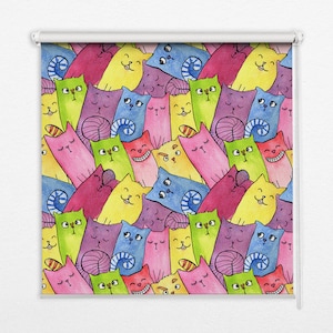 Light Diffusing And Room Darkening Blinds, Animals, Green, Yellow, Colorful cats, Kitchen Window Blinds, Bedroom Window Treatments