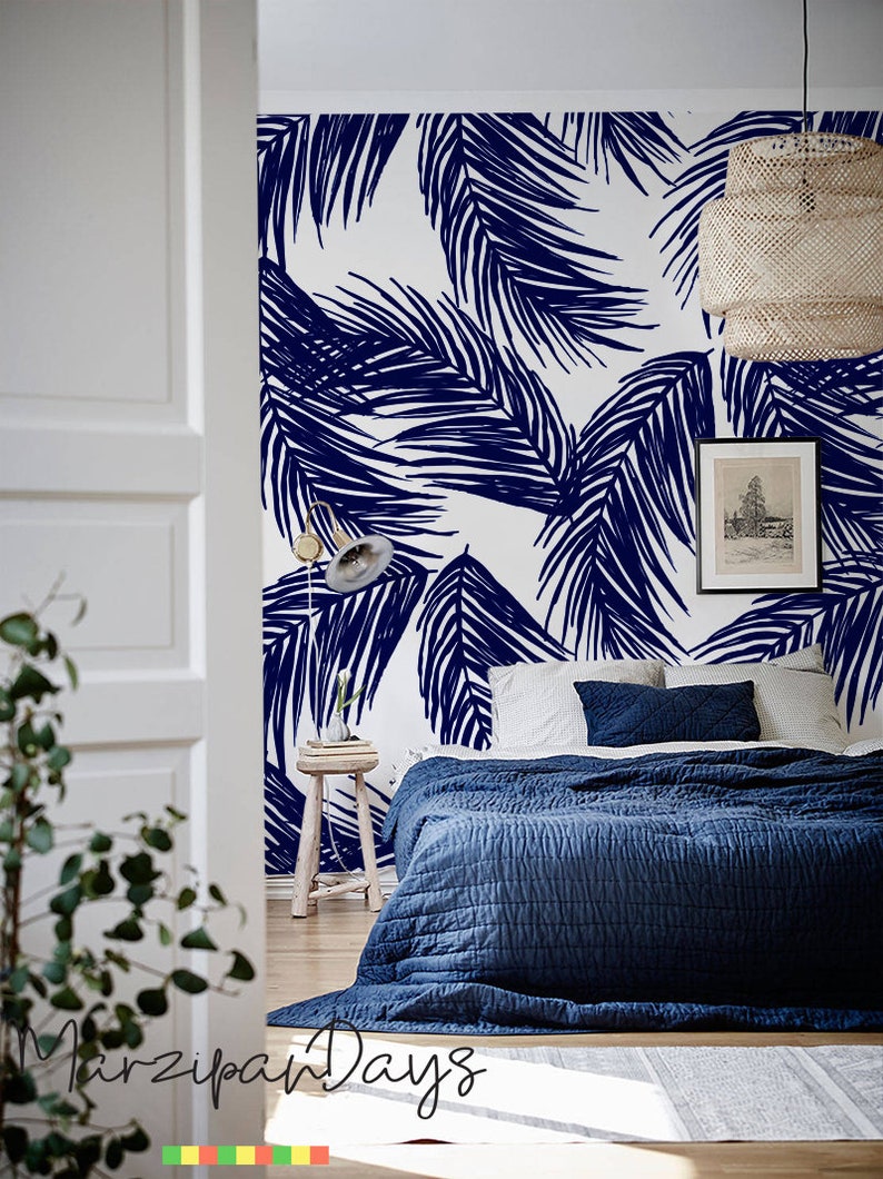 Navy Palm Leaf Wallpaper Tropical Leaf Wall Decor Palm Art Etsy