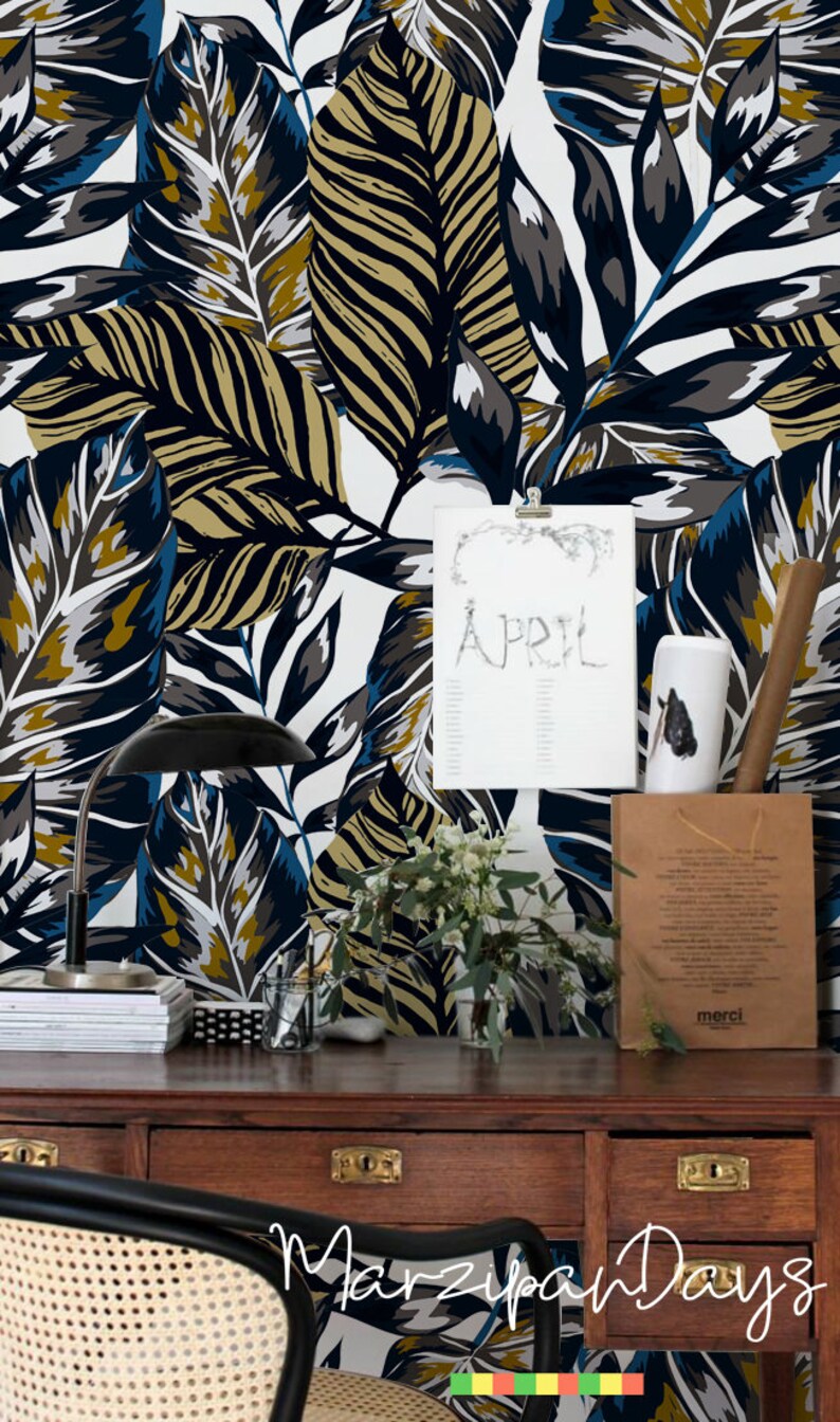 Dark Gold & Blue Palms removable wallpaper wallpaper Etsy