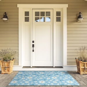 Floral Motif Outdoor Mat, Blue Welcome Doormat, Floral Front Rug, Non-Slip Doormat, Personalized Doormat, Cute Doormat
