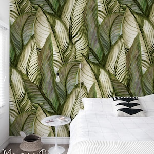 Green Leaf Wallpaper, Palm Leaves, Monstera Leaf, Leaves Removable Wallpaper, Floral Wallpaper, Tropical Art Prints, Greenery, Leafy #36