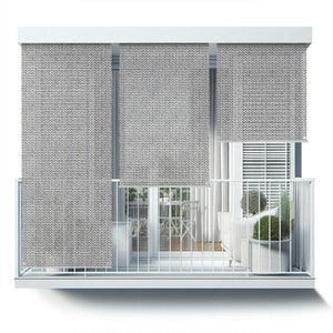 May include: Gray patterned window shades are pulled down on a balcony with a white railing. The balcony has a white couch, a table and chairs, and potted plants.