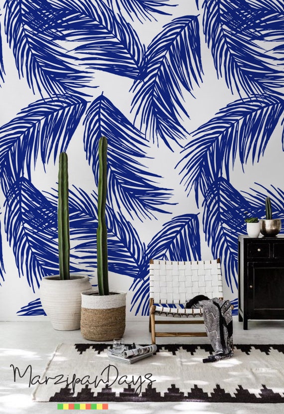 Blue Art Deco Palm Leaf Pattern Wallpaper