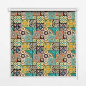 Blinds, Light Diffusing And Room Darkening, Colorful mandala, Blue and Brown, Geometric, Printed Pattern, Stylish Window Decor