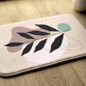 Plants Pattern, Beige, Leaf, Compact Rug, Bathroom Mat, Floor Decoration, Bath Runner