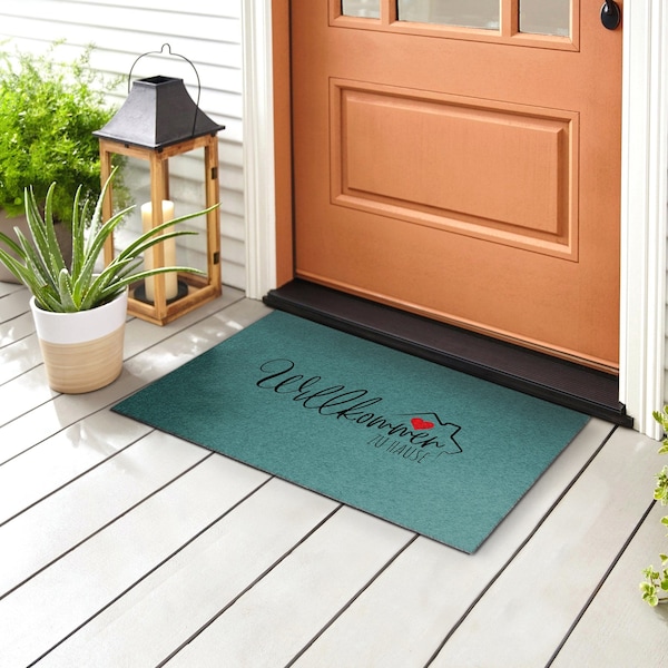 Willkommen Zu Hause Outdoor Rug, Green Welcome Rug, Text Front Rug, Patterned Doormat , Custom Doormat, Funny Doormat