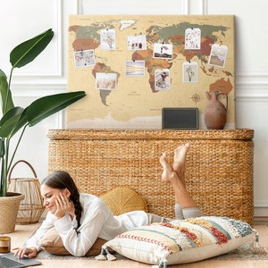 Vintage Weltkarte, mehrfarbig, große Korktafel, Pinnwand, Pins inklusive, Travel Tracker, Places You've Been