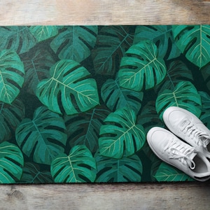 Monstera Leaves Front Door Mat, Personalized Doormat, Cool Doormat, Floral Pattern, Entrance Mat Green