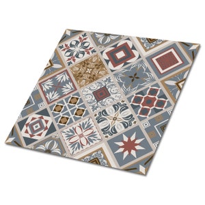 May include: A square tile with a patchwork design featuring various geometric patterns in shades of blue, red, brown, and white.