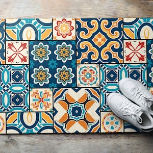 Azulejo Front Door Mat, Personalized Doormat, Abstraction Pattern, Funny Doormat, Entrance Mat Blue