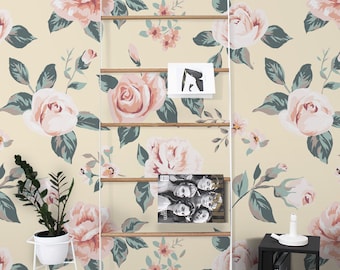 Papel tapiz extraíble con rosas clásicas, papel tapiz para habitación de niña, mural de pared para guardería, murales de pared, papeles tapiz, papel tapiz floral con flores n.° 82