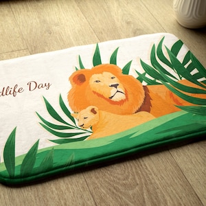 Non-slip Rug, Bath Runner, Lions Cats, Green, Kids Pattern, Compact Mat, Toilet Mat, Soft Mat
