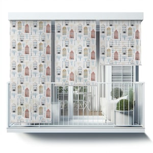 Multicolour Backyard Shades, Houses Trees Lanterns Blinds, Architecture Roll Up Blinds, Window Blinds