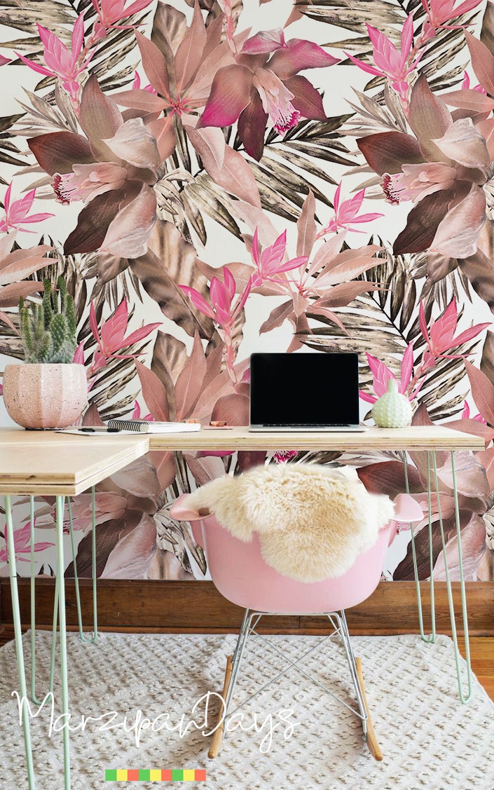 Tropical Pink Leafs Exotic Removable Wallpaper Etsy