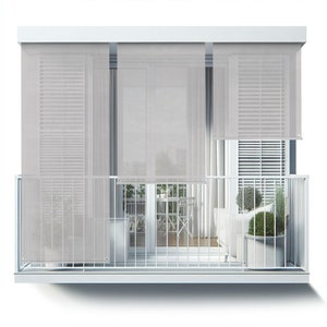 May include: White balcony with a white railing and gray retractable shades. The shades are partially pulled down, revealing a view of a balcony with furniture and plants.