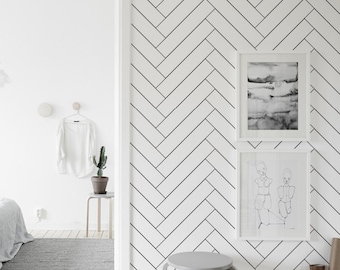 Herringbone pattern wallpaper -  Black and white minimalist wallpaper, Removable wall mural, pattern, Self adhesive or traditional #40