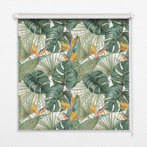Light Diffusing And Room Darkening Blinds, Tropical, Green, Orange, Monstera leaves, Kitchen Window Blinds, Bedroom Window Treatments