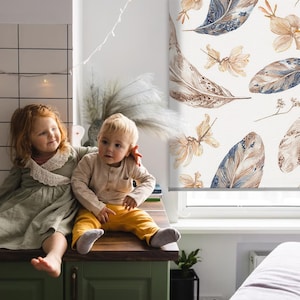 Sheer Or Blackout Variations Avaible Blinds, Colors, Brown, Blue, Leaves and feathers, Printed Pattern, Handmade Roller Shades