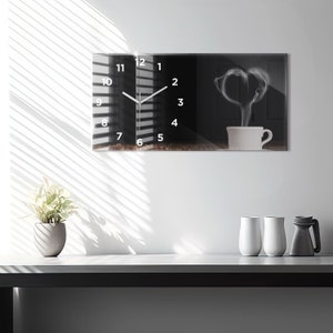 A Cup of Hot Coffee Glass Clock, Black Modern Wall Clock, Unique Wall Clock, Tempered Glass Clock, Black House Decor