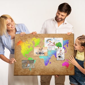 Weltkarte, Reise-Tracker, große Korktafel, inklusive Pins, Druck auf Leinwand, Karte der besuchten Länder, Regenbogen