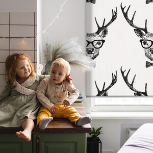 Blinds, Sheer Or Blackout Variations Avaible, Reindeer with glasses, Gray and White, Animals, Printed Pattern, Handmade Roller Shades