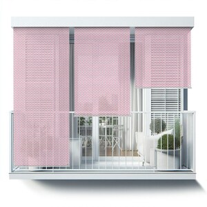May include: Pink and white chevron patterned outdoor roller shades installed on a balcony.