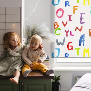Sheer Or Blackout Variations Avaible Blinds, For children, Blue, White, Colorful letters, Printed Pattern, Handmade Roller Shades