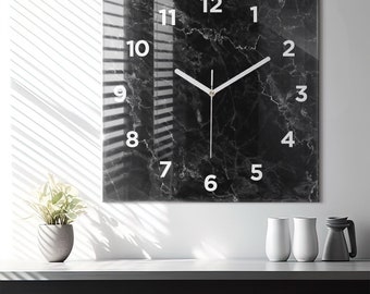 Dark Marble Glass Clock, Black Modern Wall Clock, Unique Wall Clock, Tempered Glass Clock, Black House Decor