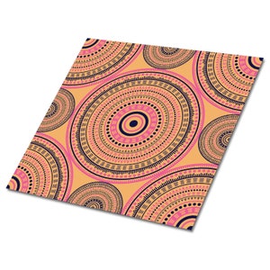 May include: A seamless pattern featuring a repeating design of concentric circles in shades of pink, blue, and yellow. The circles are decorated with geometric patterns and dots.