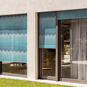Blue Backyard Shades, Zigzag Pattern In Shades Of Blue Blinds, Geometric Roll Up Blinds, Window Blinds