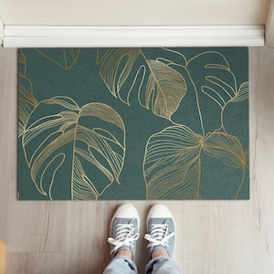 Tapis de bienvenue feuilles de Monstera dorées, paillasson personnalisé, paillasson drôle, motif abstrait, tapis d&#39;entrée vert