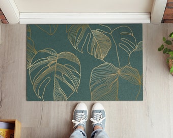 Tapis de bienvenue feuilles de Monstera dorées, paillasson personnalisé, paillasson drôle, motif abstrait, tapis d'entrée vert