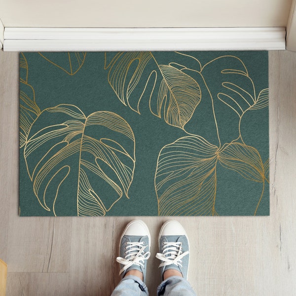 Gold Monstera Leaves Welcome Mat, Personalized Doormat, Funny Doormat, Abstraction Pattern, Green Entrance Mat