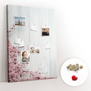 Flores sobre madera, Tablero de corcho, Tablón de notas XXL para estudiantes, Pines incluidos, Patrón personalizado, Tablero de estado de ánimo, Blanco