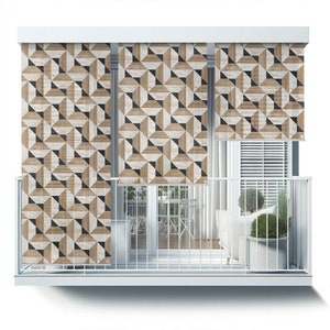 Beige Backyard Roller Blinds, Geometric Pattern On Tiles Shades, Geometric Roll Up Shades, Custom Blinds
