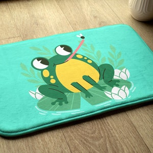 Frog And Water Lily, Green Kids Pattern, Soft Material, Bath Runner, Small Carpet, Bathroom Rug