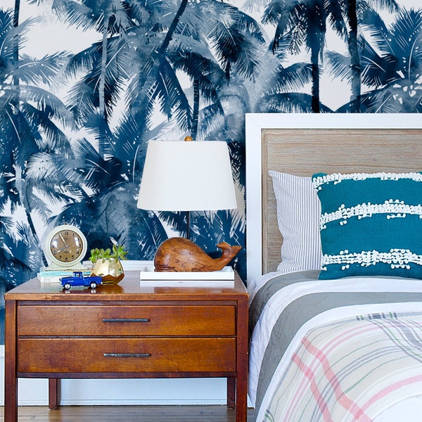 Papier peint palmier aquarelle - décoration murale tropicale, papier peint amovible, décoration murale palmier bleu marine, papier peint autocollant ou traditionnel #86