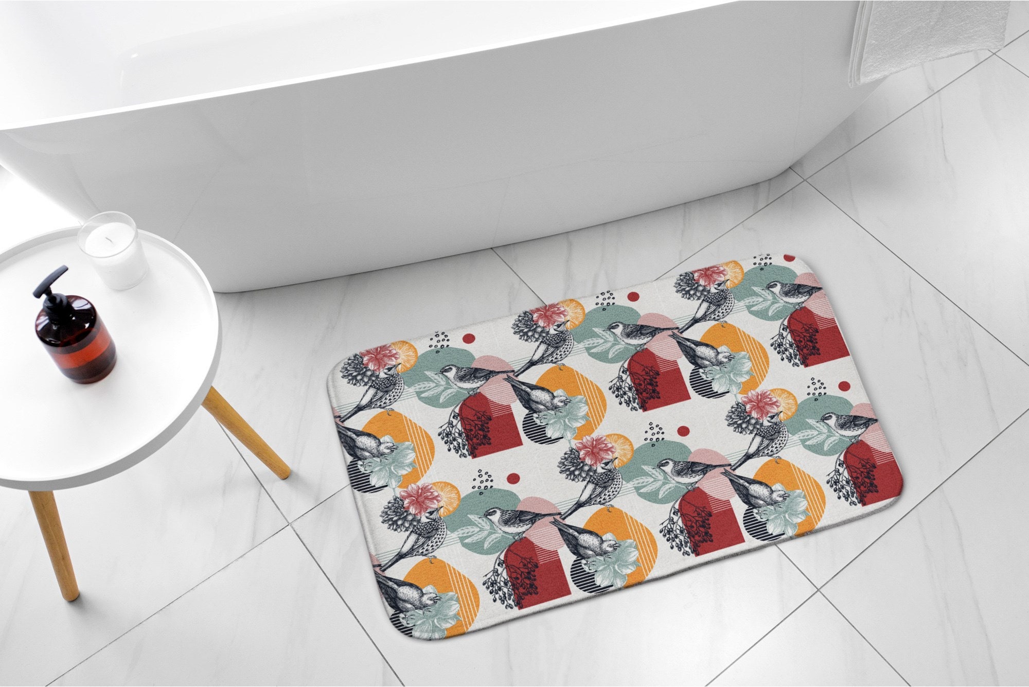 White Artistic Pattern, Colorful Dots Abstraction, Non-slip Rug, Toilet ...
