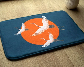 Non-slip Rug, Bath Runner, Japanese Crane, Orange, Animal Pattern, Small Mat, Modern Bathroom Rug, Soft Carpet