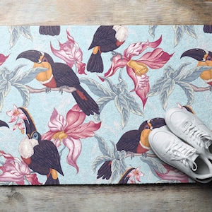 Toucans and Flowers Welcome Mat, Personalized Doormat, Light Blue Entrance Mat, Cute Doormat, Animal Pattern