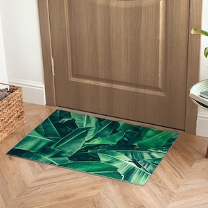 Tropical Leaves Front Door Mat, Personalized Doormat, Cool Doormat, Entrance Mat Green, Floral Pattern