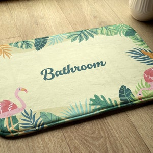 Non-slip Rug, Bath Runner, Tropical Animals, Yellow, Botanical Pattern with text, Compact Rug, Bathroom Mat, Floor Decoration